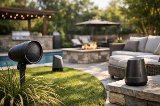 Landscape speakers beside a patio, fire pit, and pool